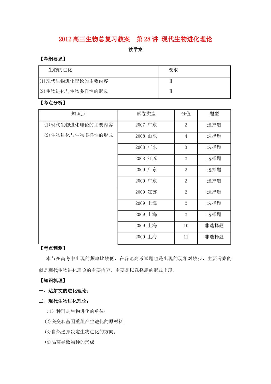 2012高三生物总复习 第28讲 现代生物进化理论教案_第1页