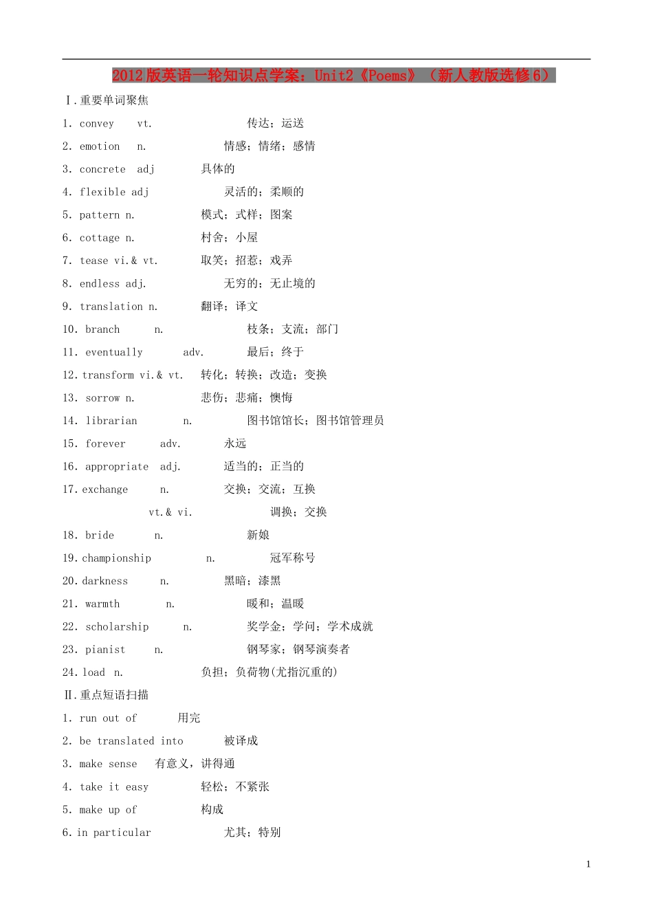 2012版高中英语一轮 Unit2《Poems》知识点学案 新人教版选修6_第1页
