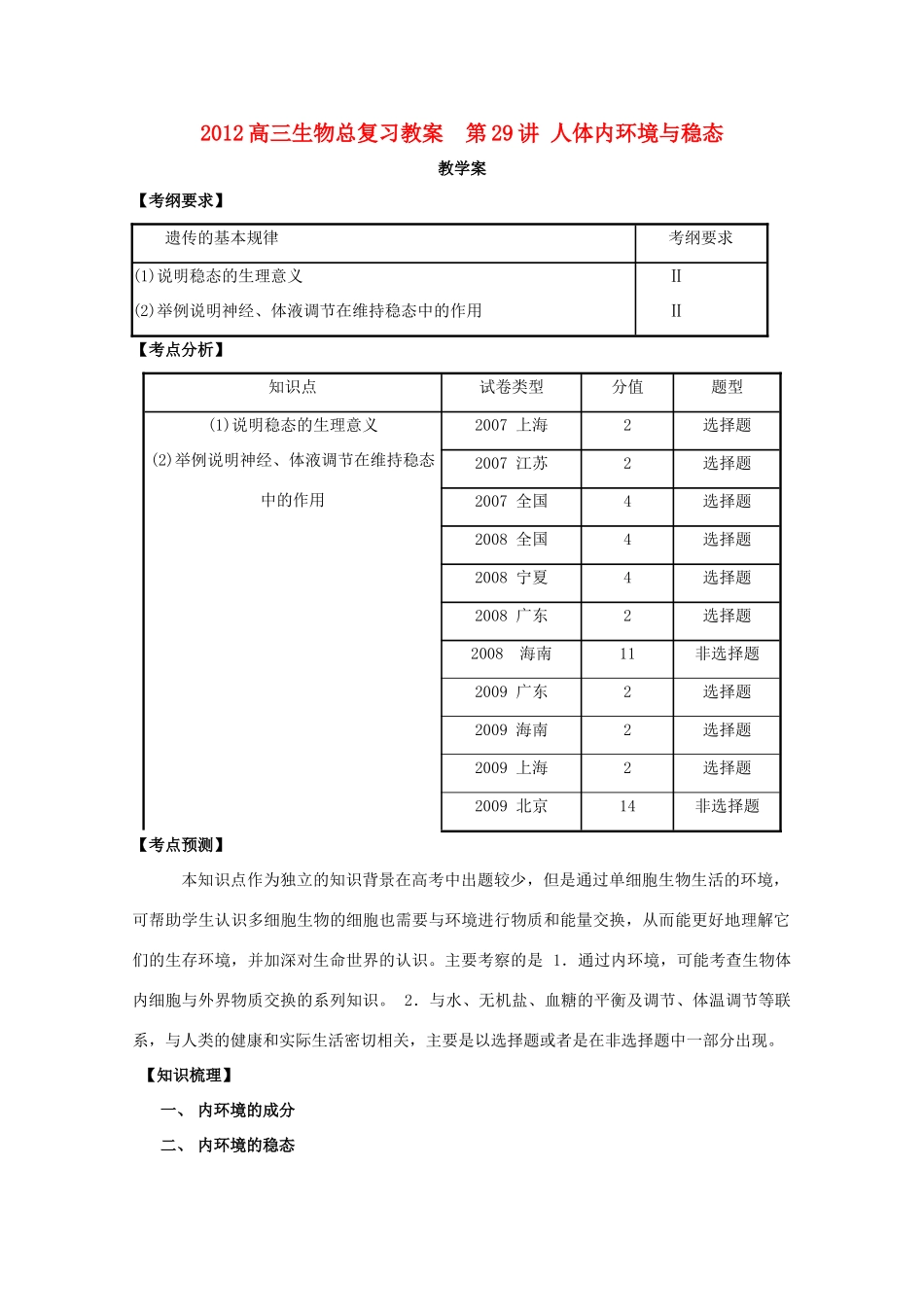 2012高三生物总复习 第29讲 人体内环境与稳态教案_第1页