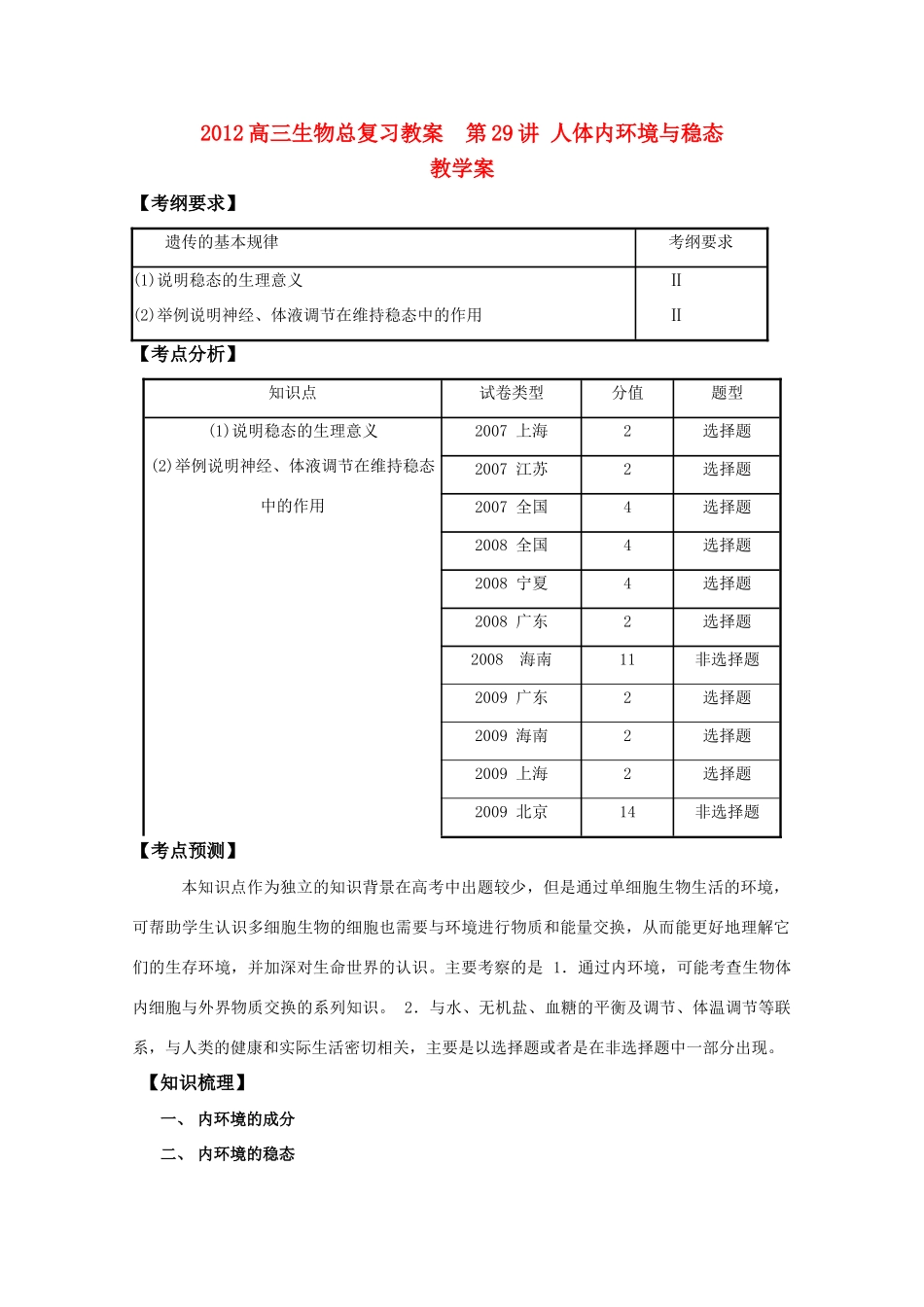 2012高三生物总复习 第29讲人体内环境与稳态教案_第1页