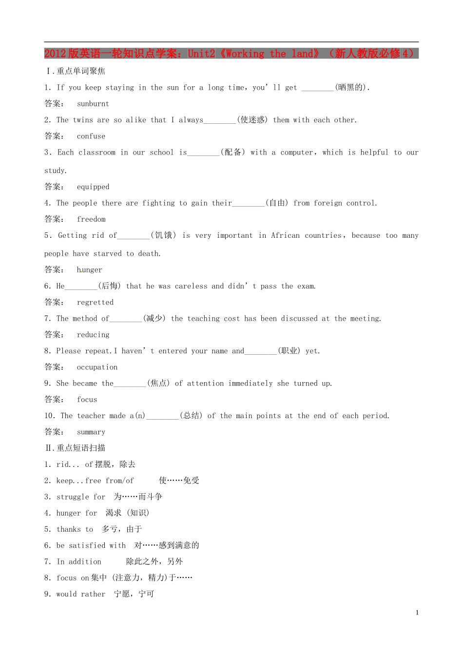2012版高中英语一轮 Unit2《Working the land》知识点学案 新人教版必修4_第1页
