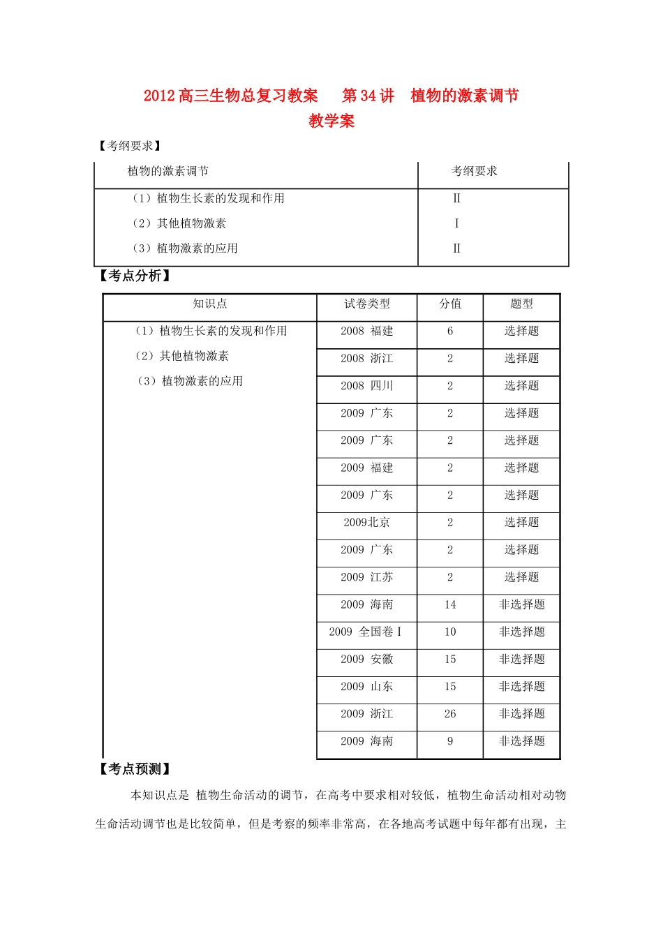 2012高三生物总复习 第34讲植物的激素调节教案_第1页
