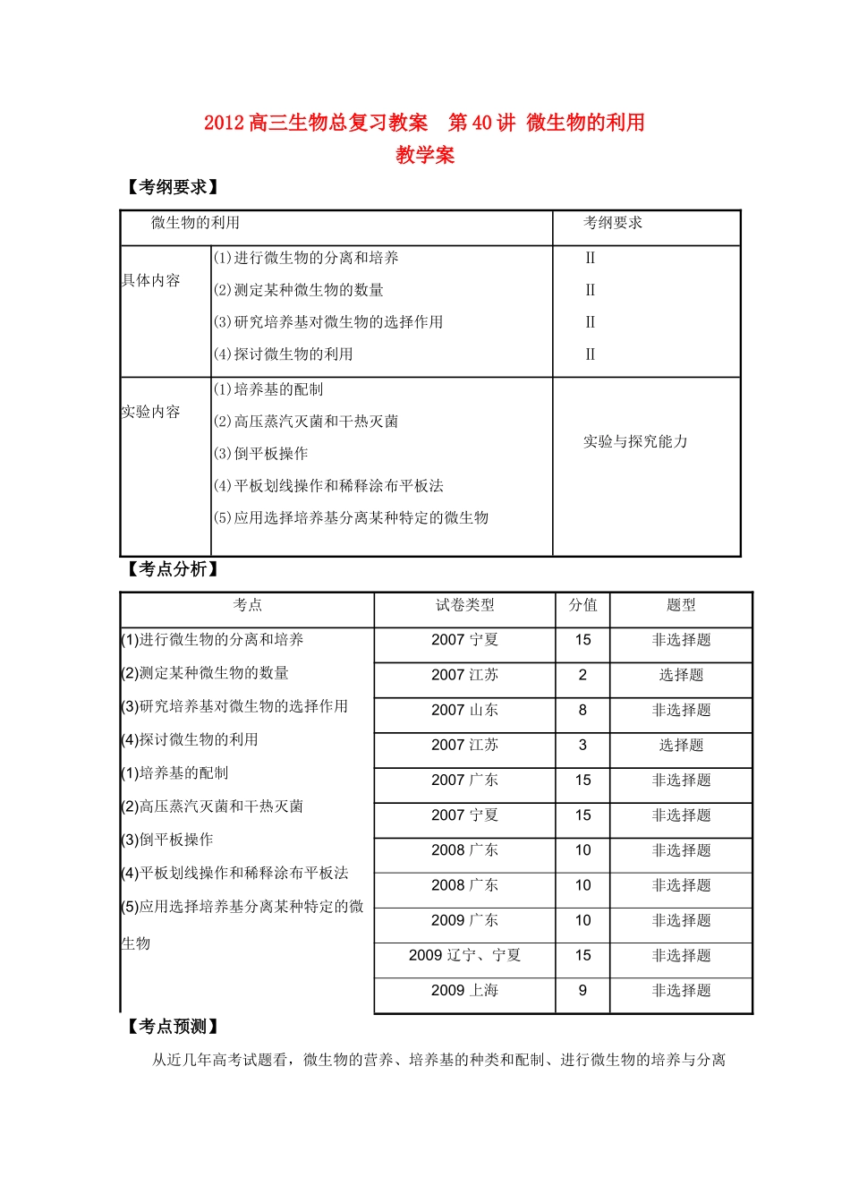 2012高三生物总复习 第40讲微生物的利用教案_第1页