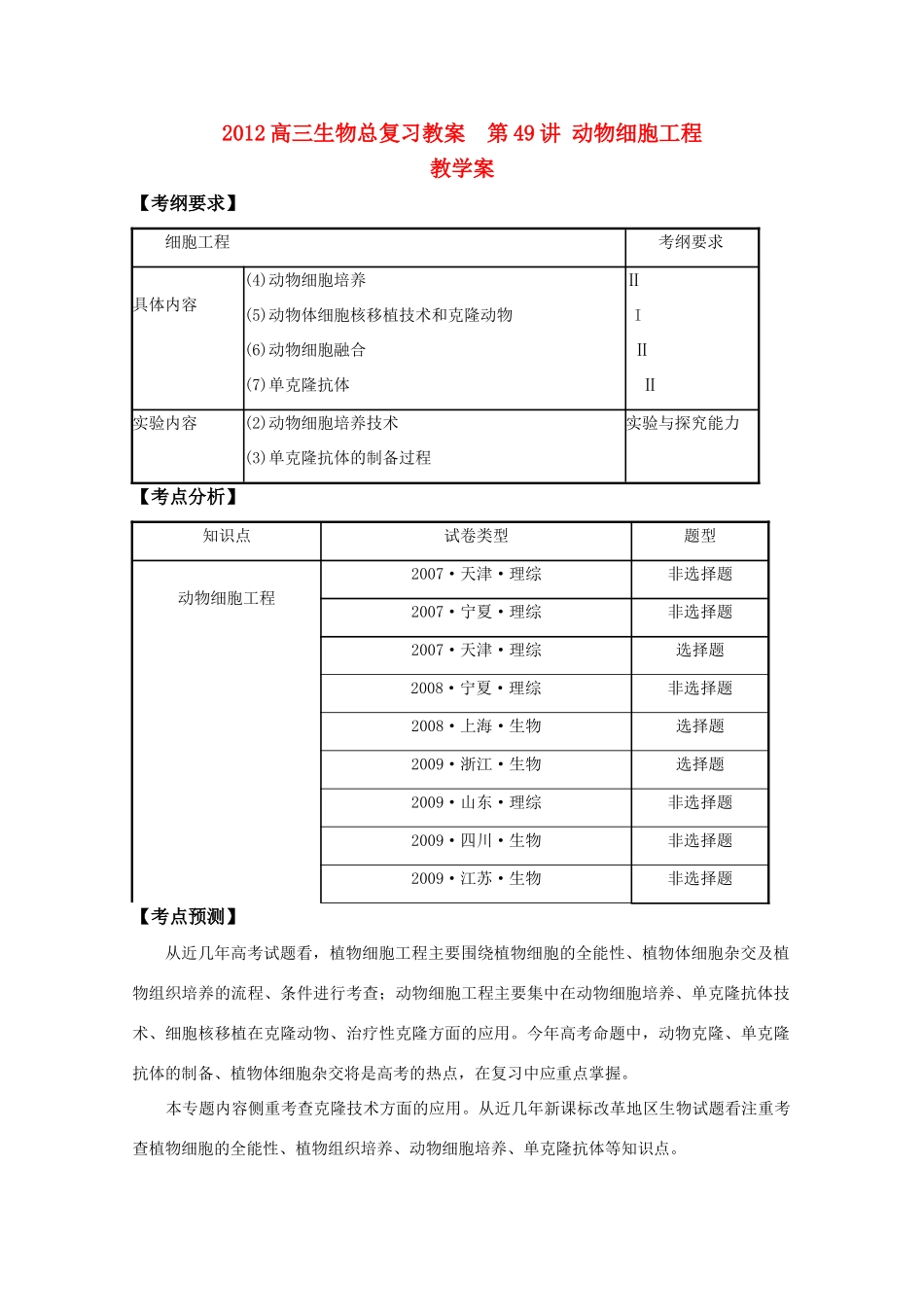 2012高三生物总复习 第49讲动物细胞工程教案_第1页