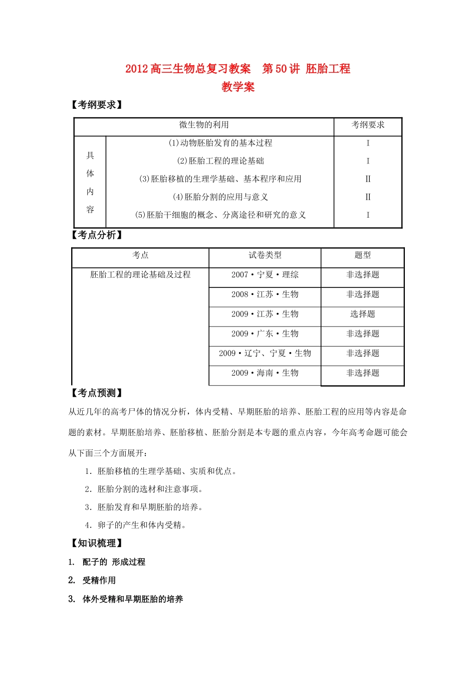 2012高三生物总复习 第50讲胚胎工程教案_第1页