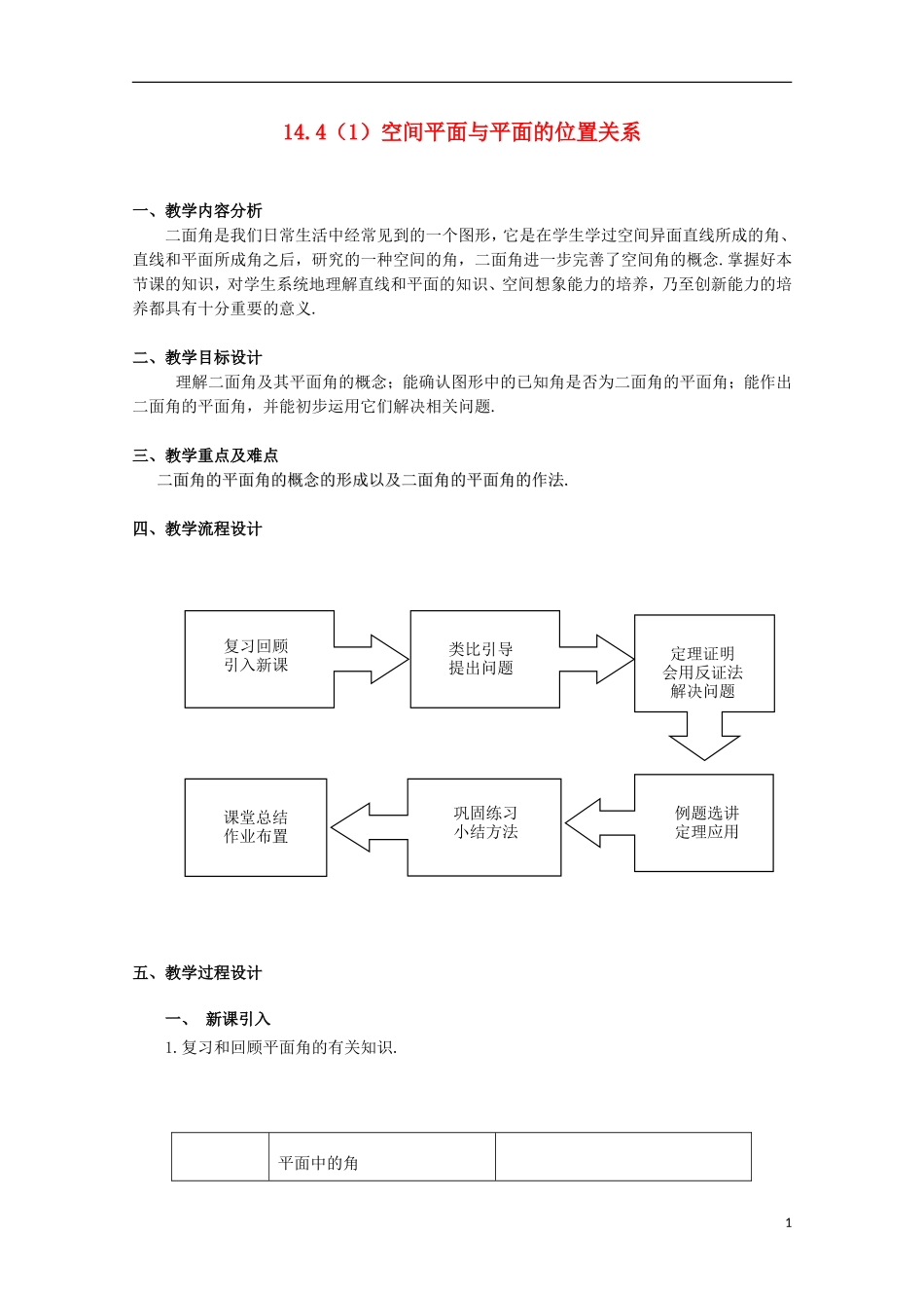 2012高三数学上册 14.4《空间平面与平面的位置关系》教案（1） 沪教版_第1页