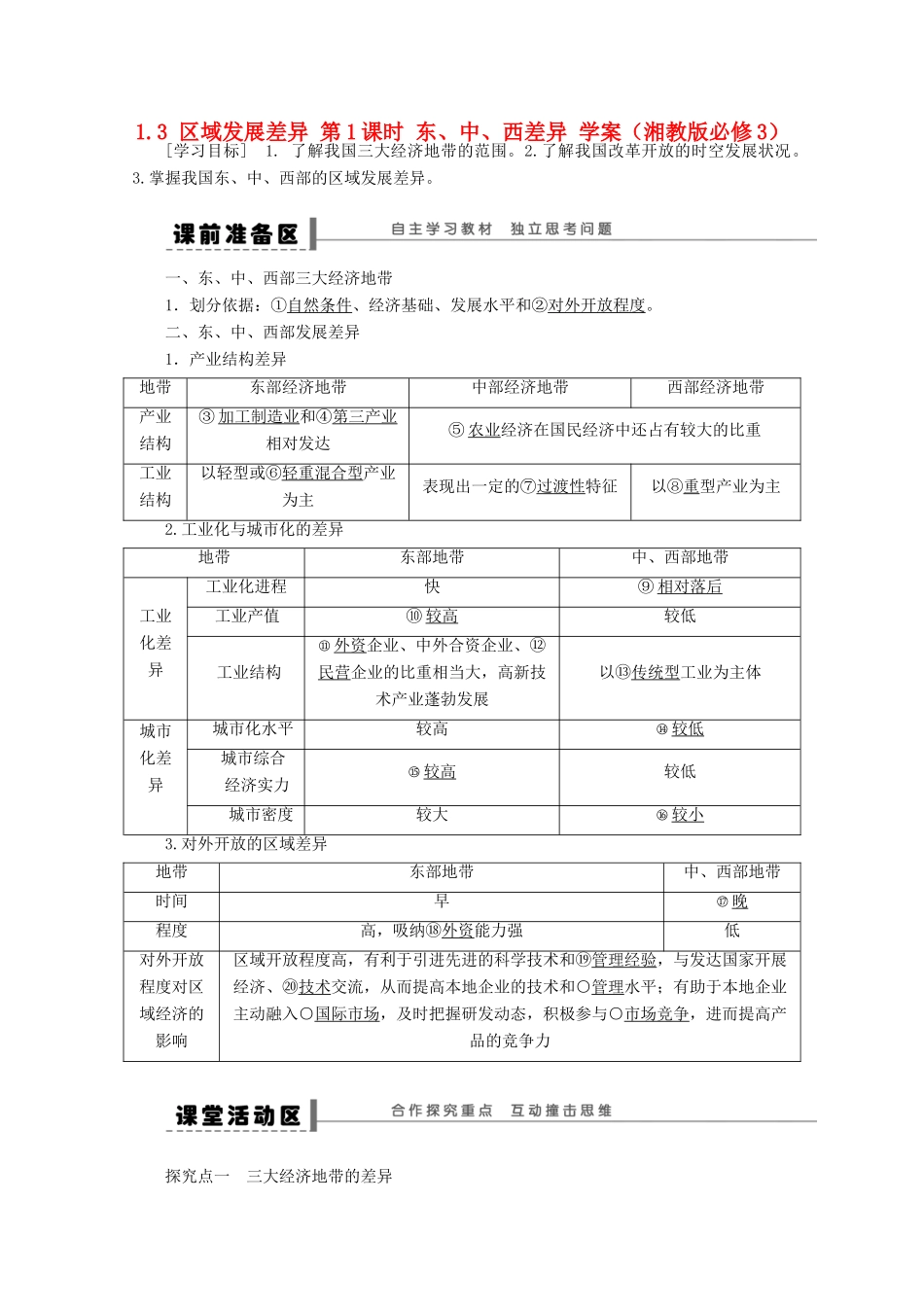 2012高中地理 1.3 区域发展差异 第1课时 东、中、西差异学案 湘教版必修3_第1页