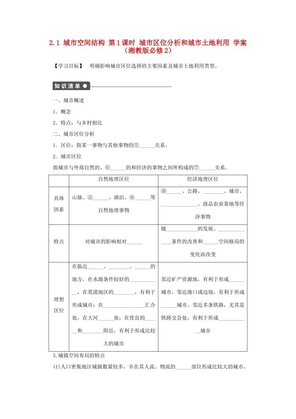 2012高中地理 2.1 城市空间结构 城市区位分析和城市土地利用学案 湘教版必修2_第1页