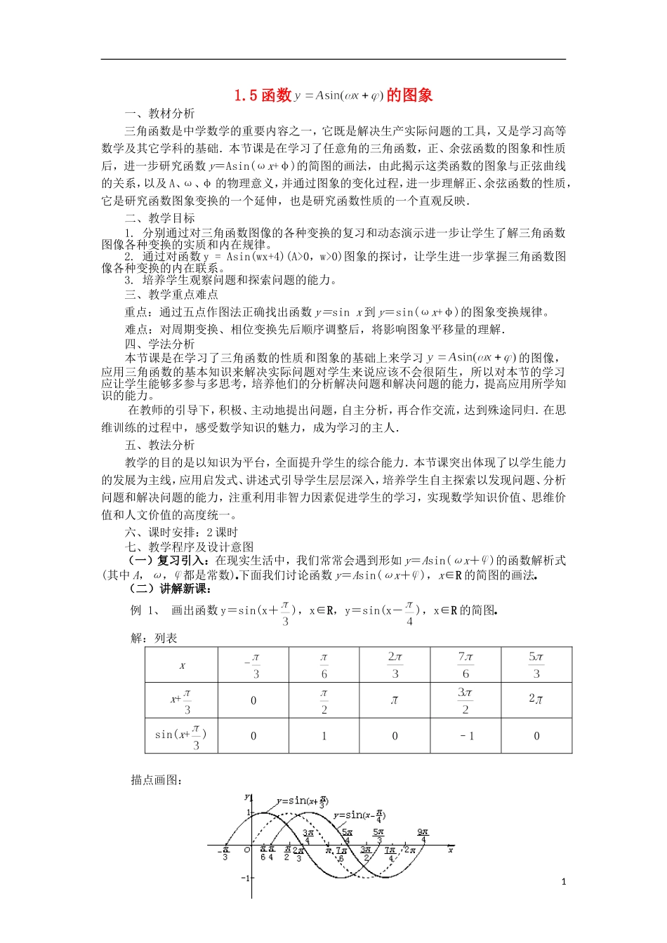 2012高中数学 1.5函数y=Asin(ωx+φ)的图象教案 新人教A版必修4 _第1页