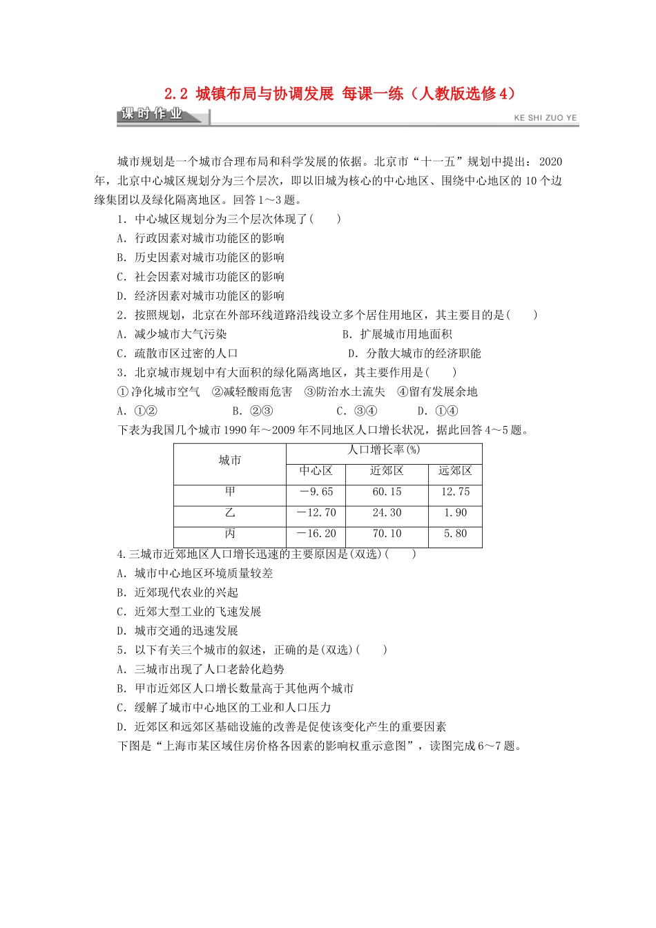 2012高中地理 2.2 城镇布局与协调发展课时作业 新人教版选修4_第1页