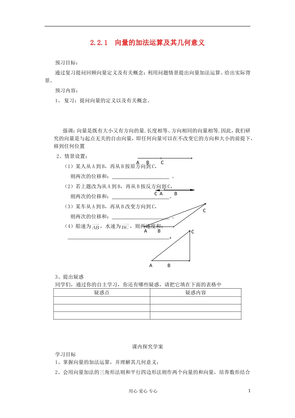 2012高中数学 2.2.1向量的加法运算及其几何意义学案 新人教A版必修4_第1页