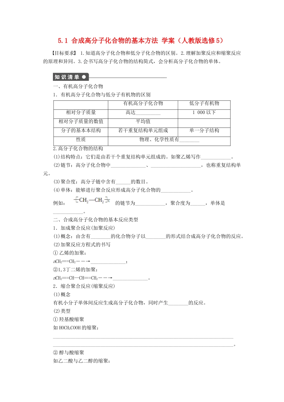 2012高中化学 5.1合成高分子化合物的基本方法学案 新人教版选修5_第1页