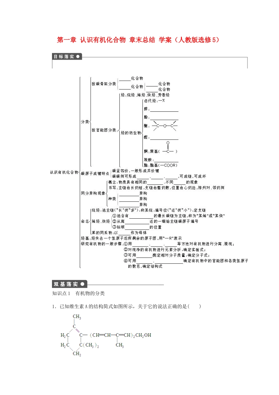 2012高中化学 第一章认识有机化合物章末总结学案1 新人教版选修5_第1页