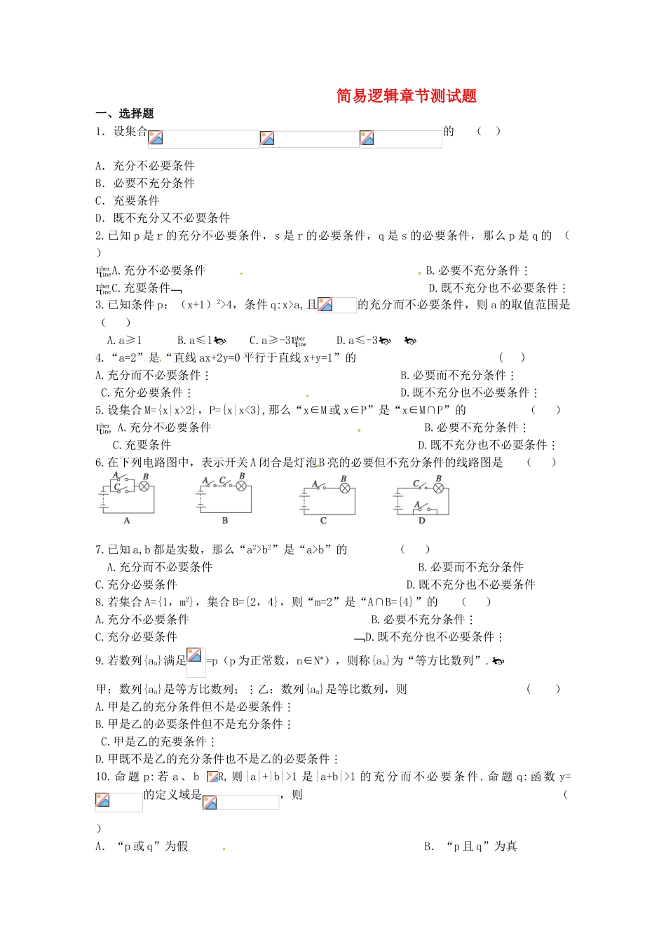 2012年高考数学《简易逻辑》专题 简易逻辑章节测试学案_第1页