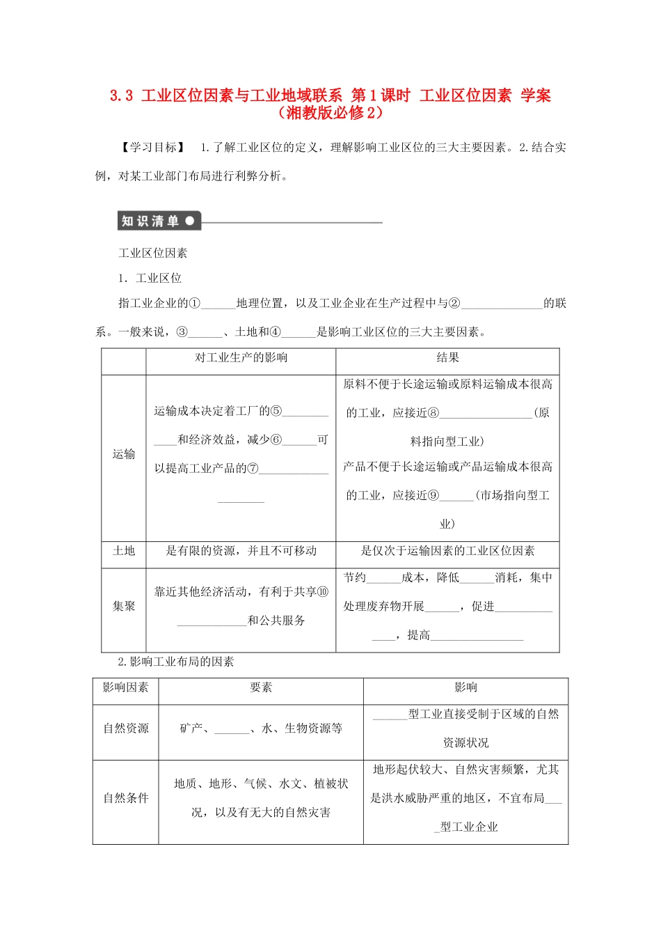 2012高中地理 3.3 工业区位因素与工业地域联系工业区位因素学案 湘教版必修2_第1页