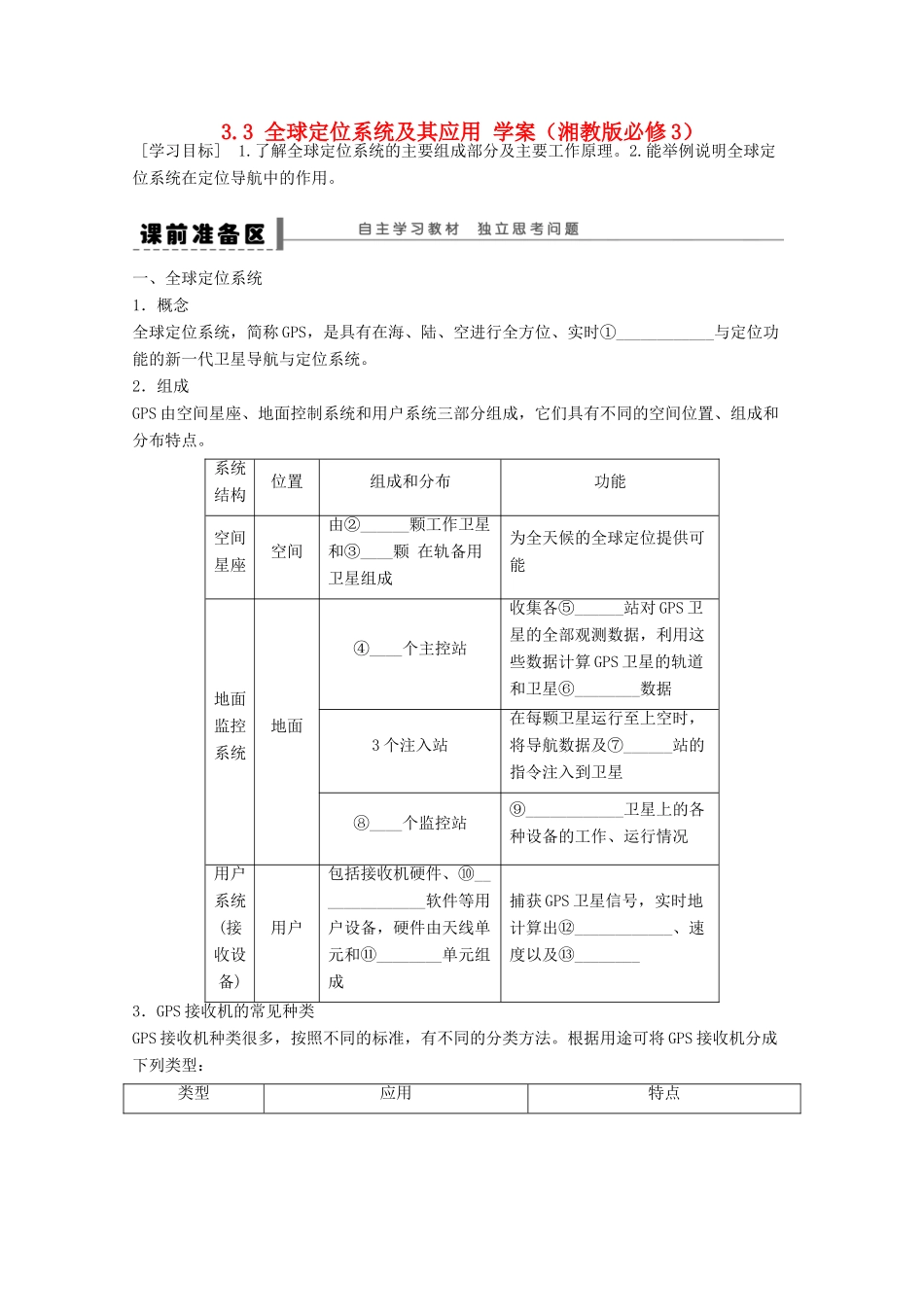 2012高中地理 3.3 全球定位系统及其应用学案1 湘教版必修3_第1页