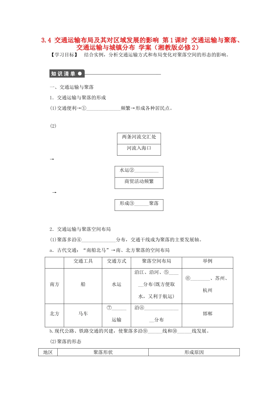2012高中地理 3.4 交通运输布局及其对区域发展的影响 第1课时 交通运输与聚落、交通运输与城镇分布学案 湘教版必修2_第1页