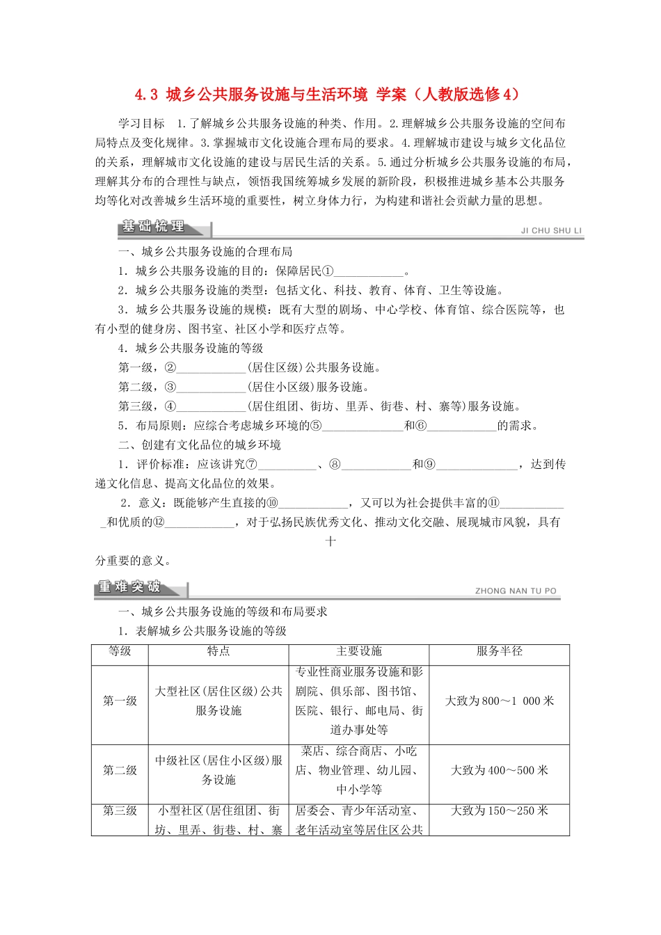2012高中地理 4.3 城乡公共服务设施与生活环境学案 新人教版选修4_第1页