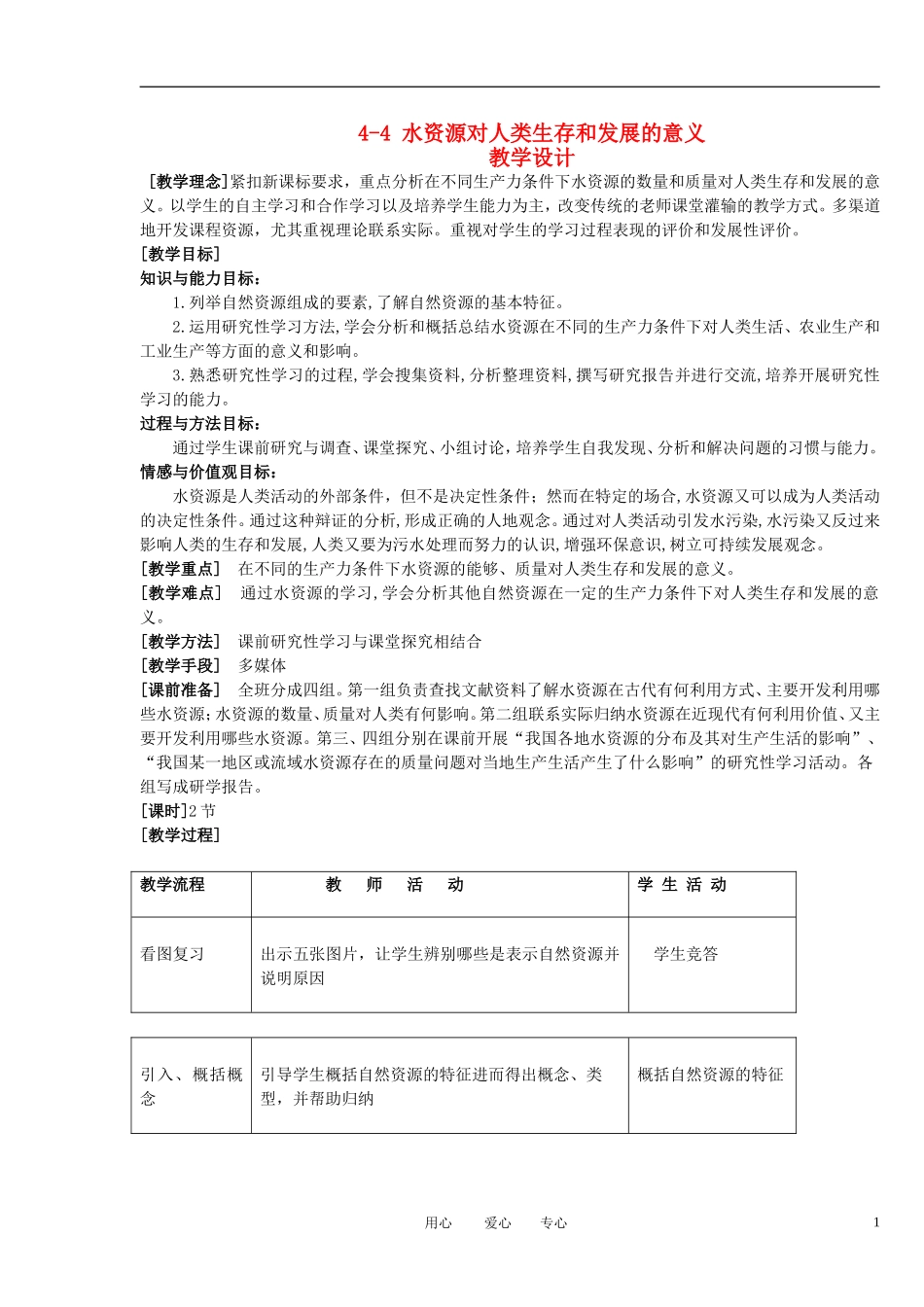 2012高中地理 4-4 水资源对人类生存和发展的意义教案 中图版必修1_第1页