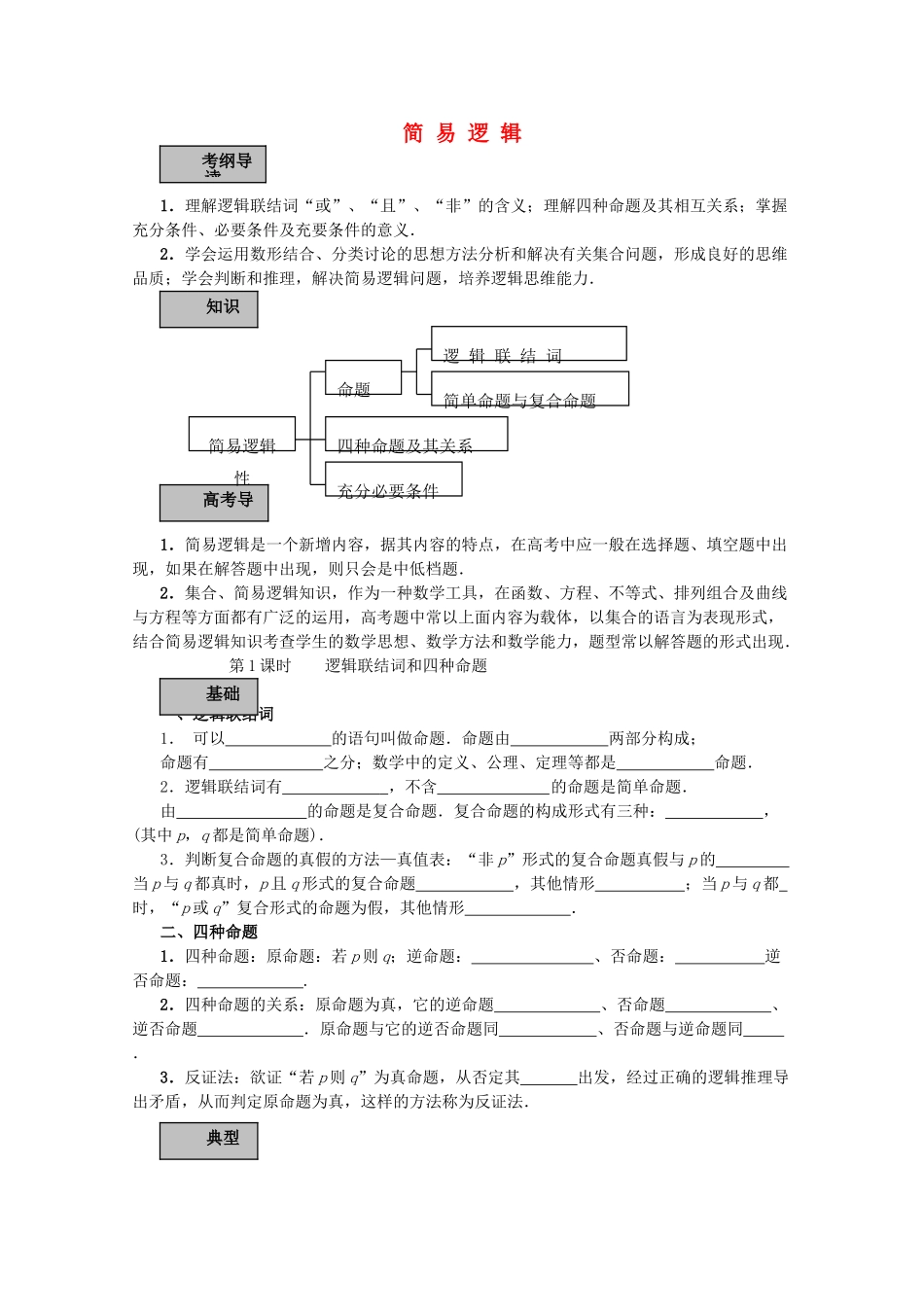 2012年高考数学专题复习系列 简易逻辑导学案_第1页