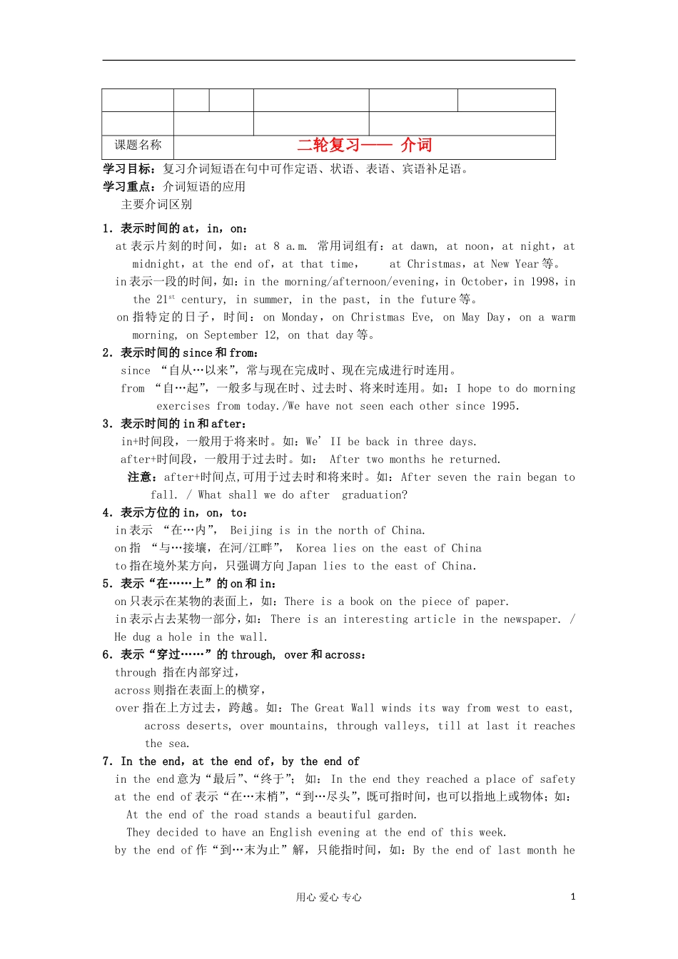 2012年高考英语二轮复习 介词学案_第1页