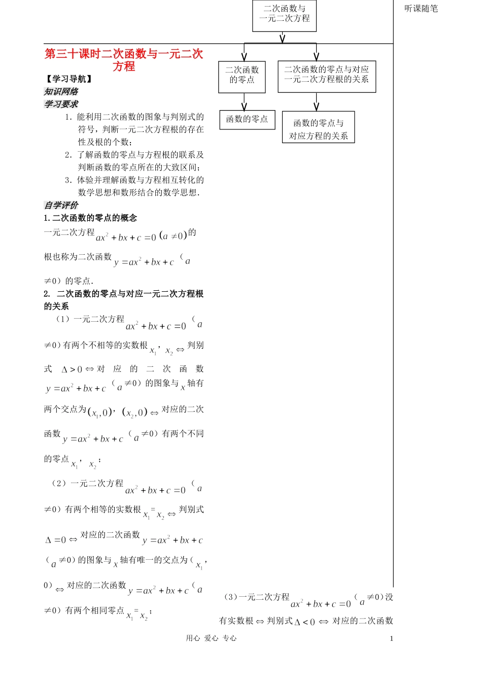 2012高中数学 第30课时-二次函数与一元二次方程（教师版） 苏教版_第1页