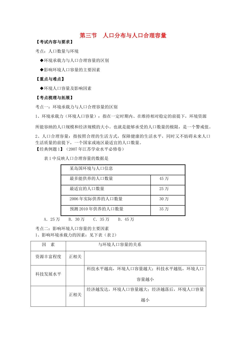 2012高中地理 第一单元 人口与地理环境 第三节 人口分布与人口合理容量学案 鲁教版必修2_第1页