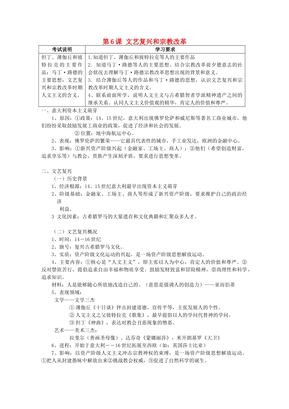 2012高中历史 第6课 文艺复兴和宗教改革学案 新人教版必修3_第1页