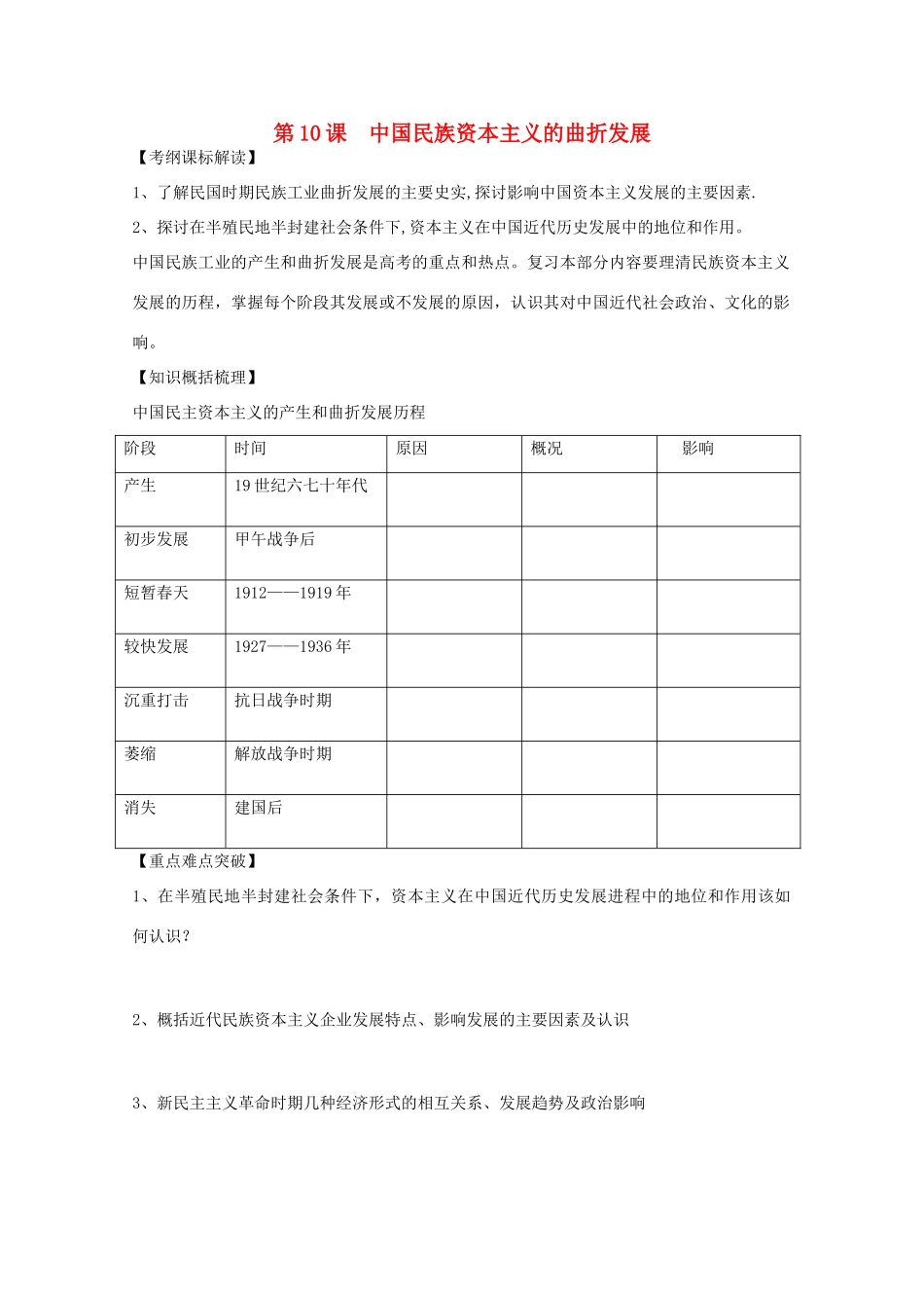 2012高中历史 第10课 中国民族资本主义的曲折发展学案 新人教版必修2_第1页