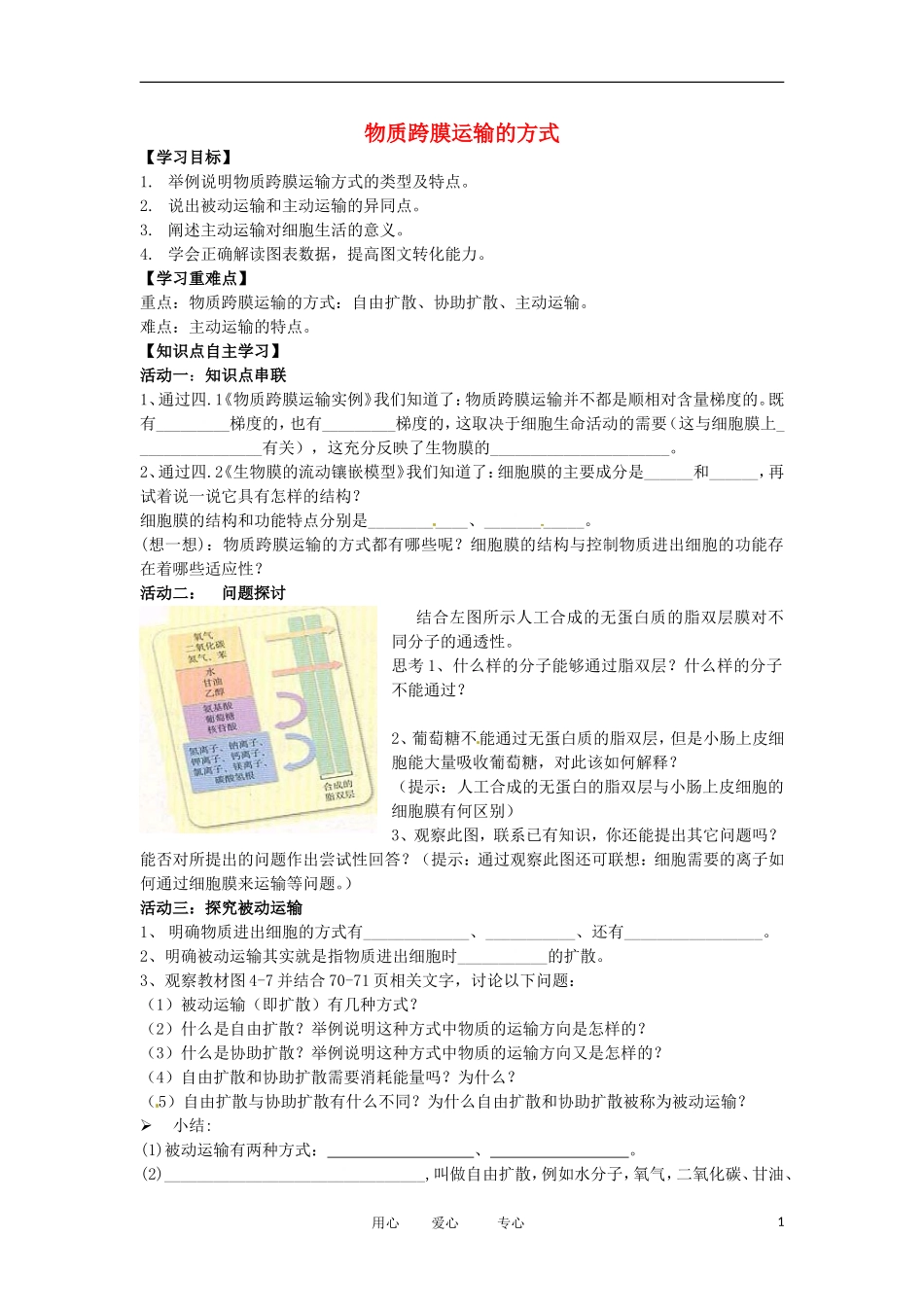 2012高中生物 4.3物质跨膜运输的方式精品学案 新人教版必修1_第1页