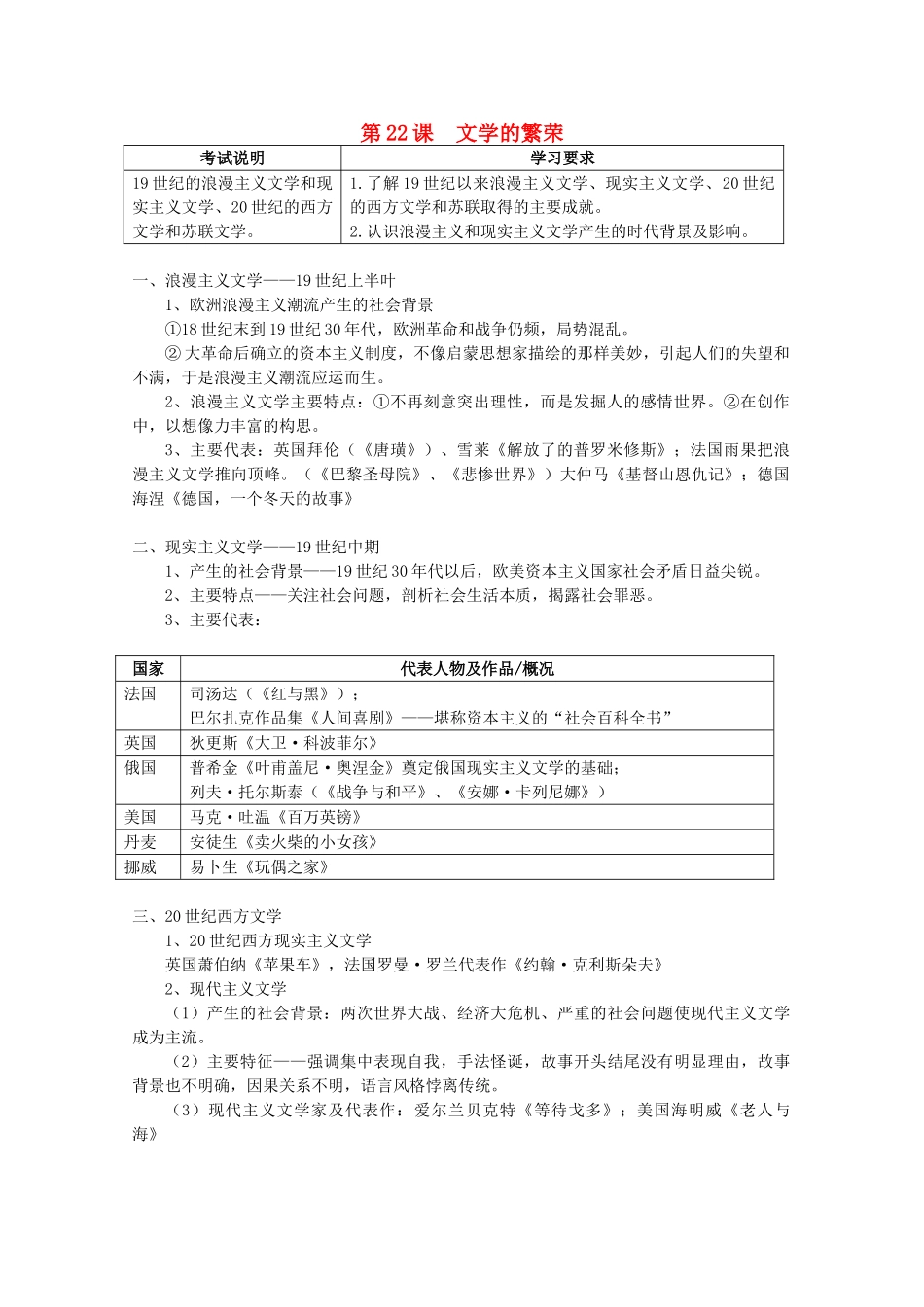 2012高中历史 第22课 文学的繁荣学案 新人教版必修3_第1页