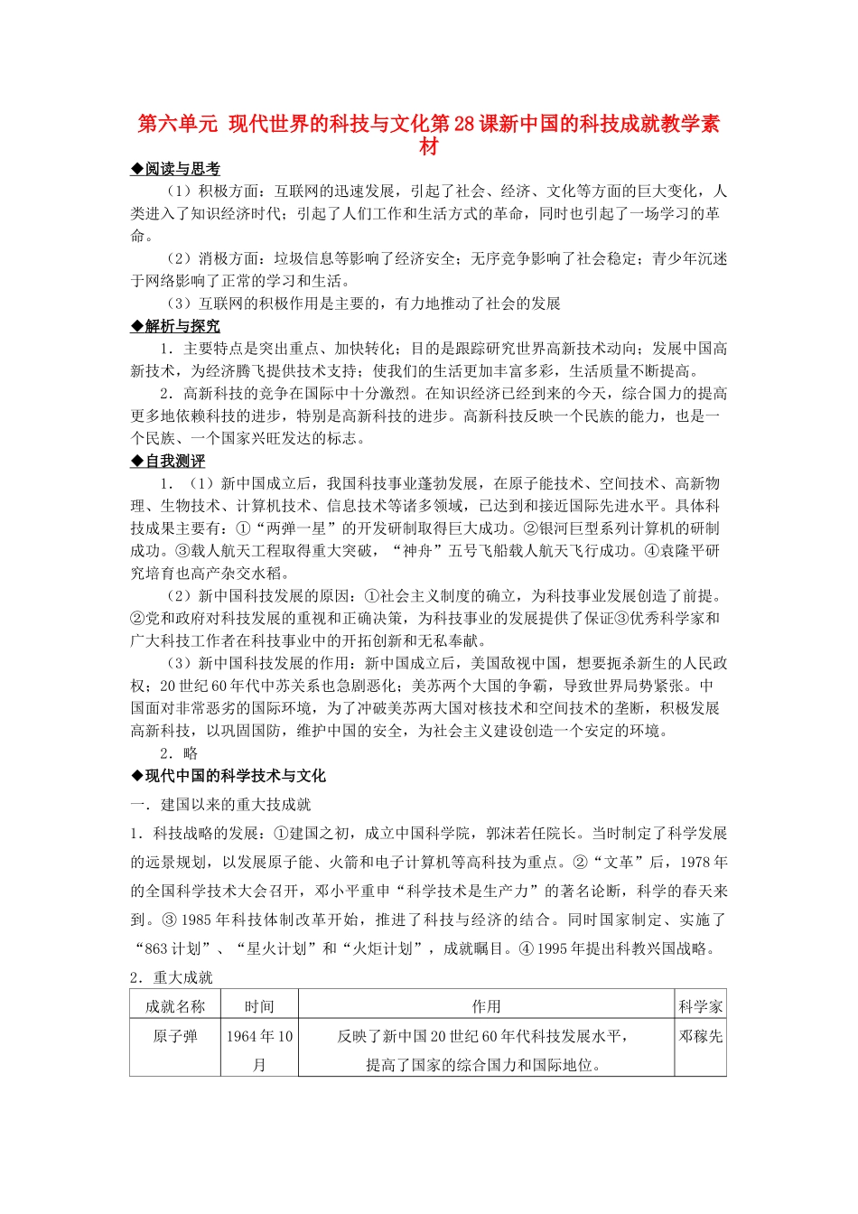 2012高中历史 第28课 新中国的科技成就同步素材 岳麓版必修3_第1页