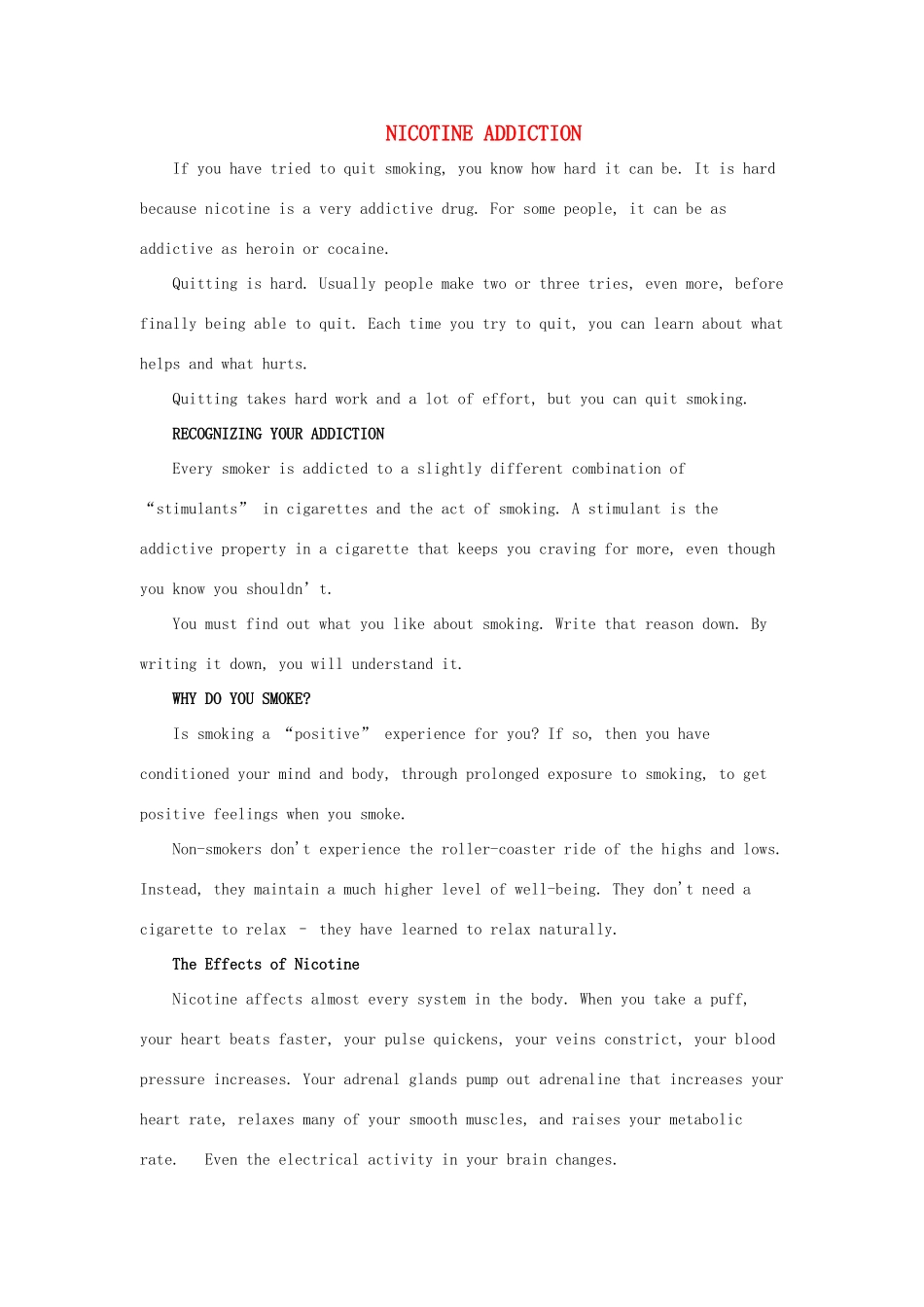 2012高中英语 Module2 NICOTINE ADDICTION素材 外研版必修2_第1页