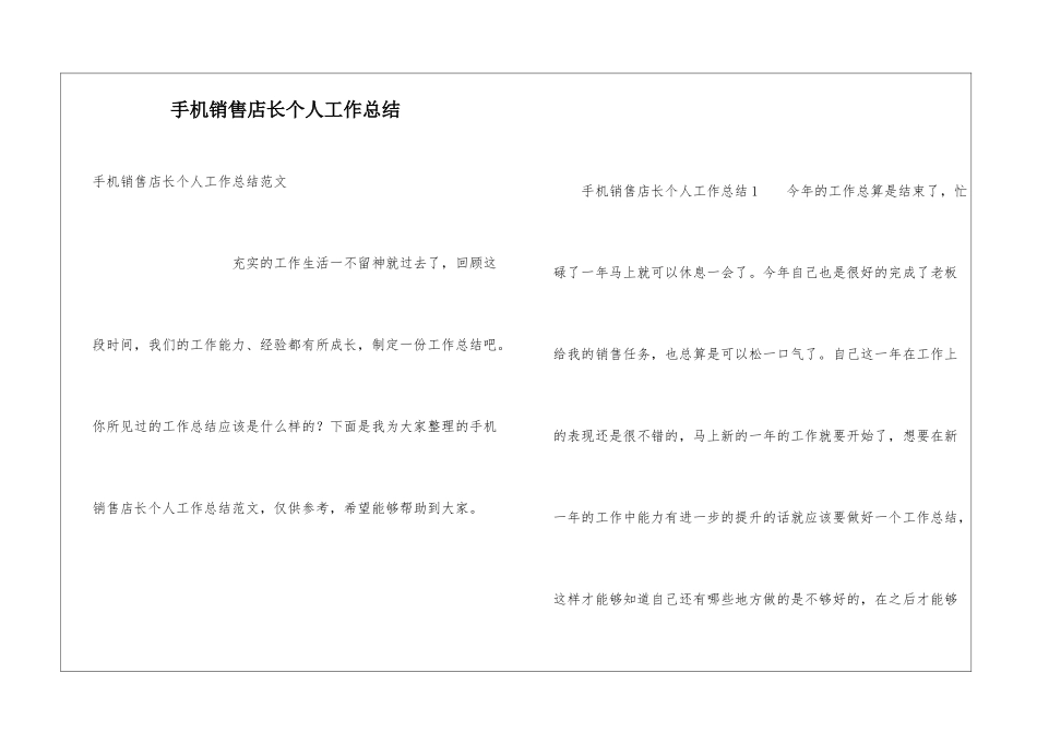 手机销售店长个人工作总结_第1页