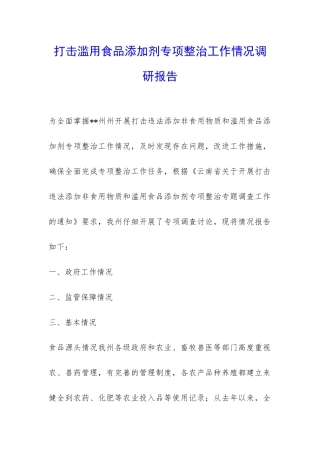 打击滥用食品添加剂专项整治工作情况调研报告-