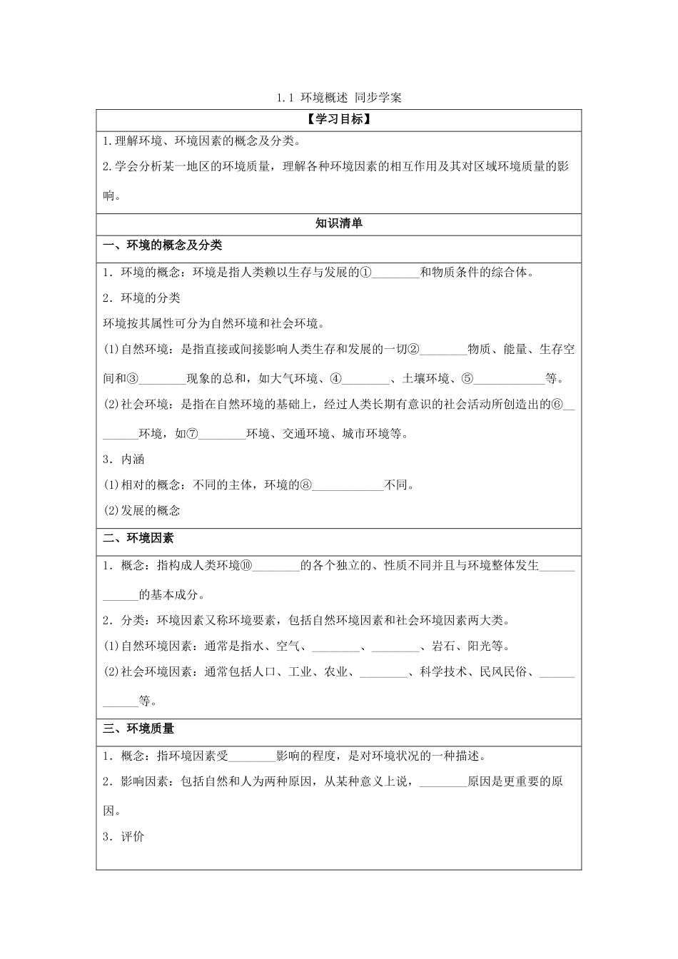 2013-2014学年高中地理 1.1 环境概述同步学案 湘教版选修6_第1页