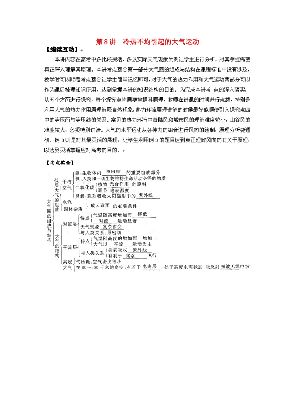 2012高考地理 冲刺 第8讲 冷热不均引起的大气运动学案 鲁教版_第1页