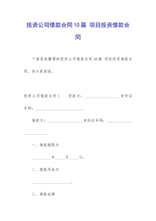 投资公司借款合同10篇-项目投资借款合同