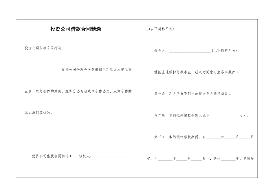 投资公司借款合同精选_第1页