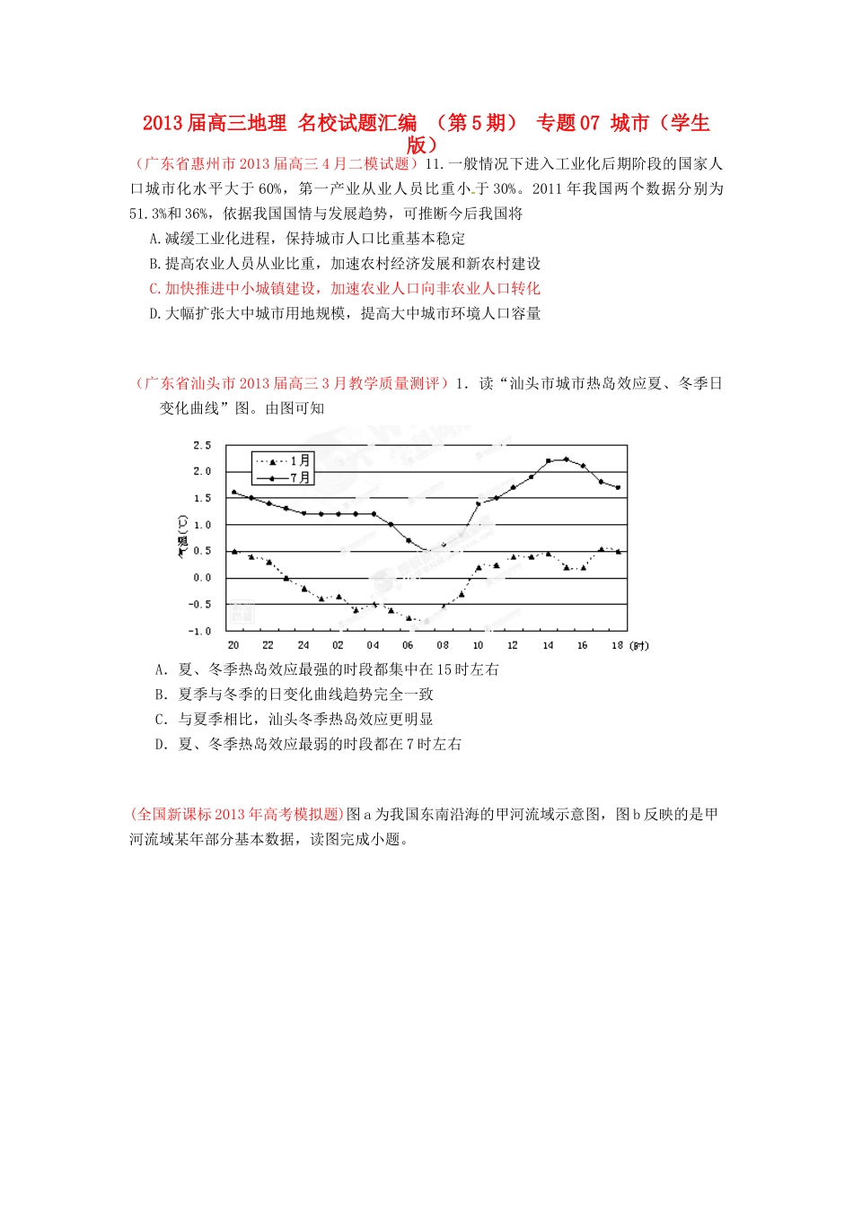 2013届高三地理 名校试题汇编 （第5期） 专题07 城市（学生版）_第1页