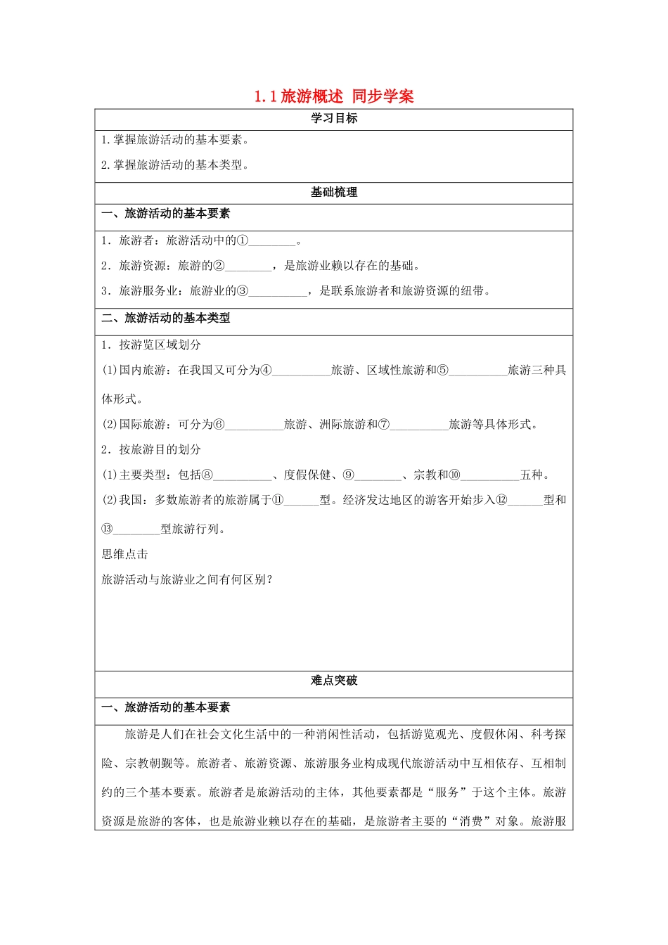 2013-2014学年高中地理 1.1旅游概述同步学案 湘教版选修3_第1页