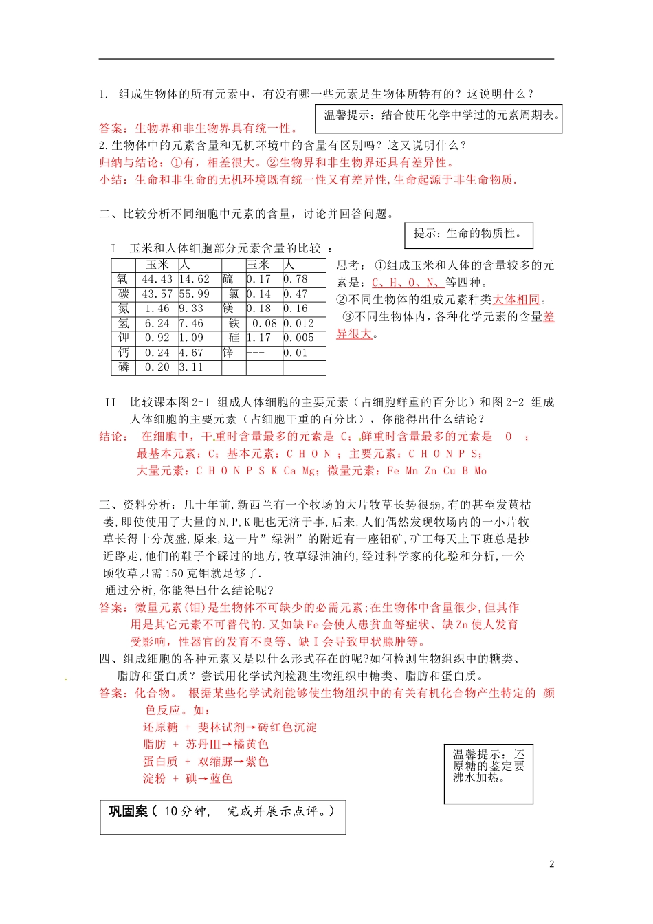 2013-2014高中生物 第二章第一节 细胞中的元素和化合物教学案 新人教版必修1_第2页