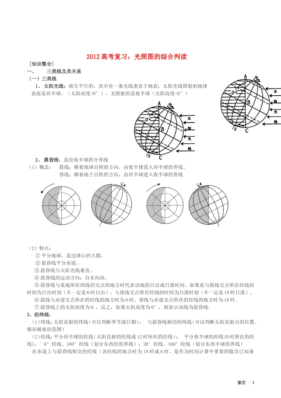 2012高考地理复习 光照图的综合判读教案_第1页