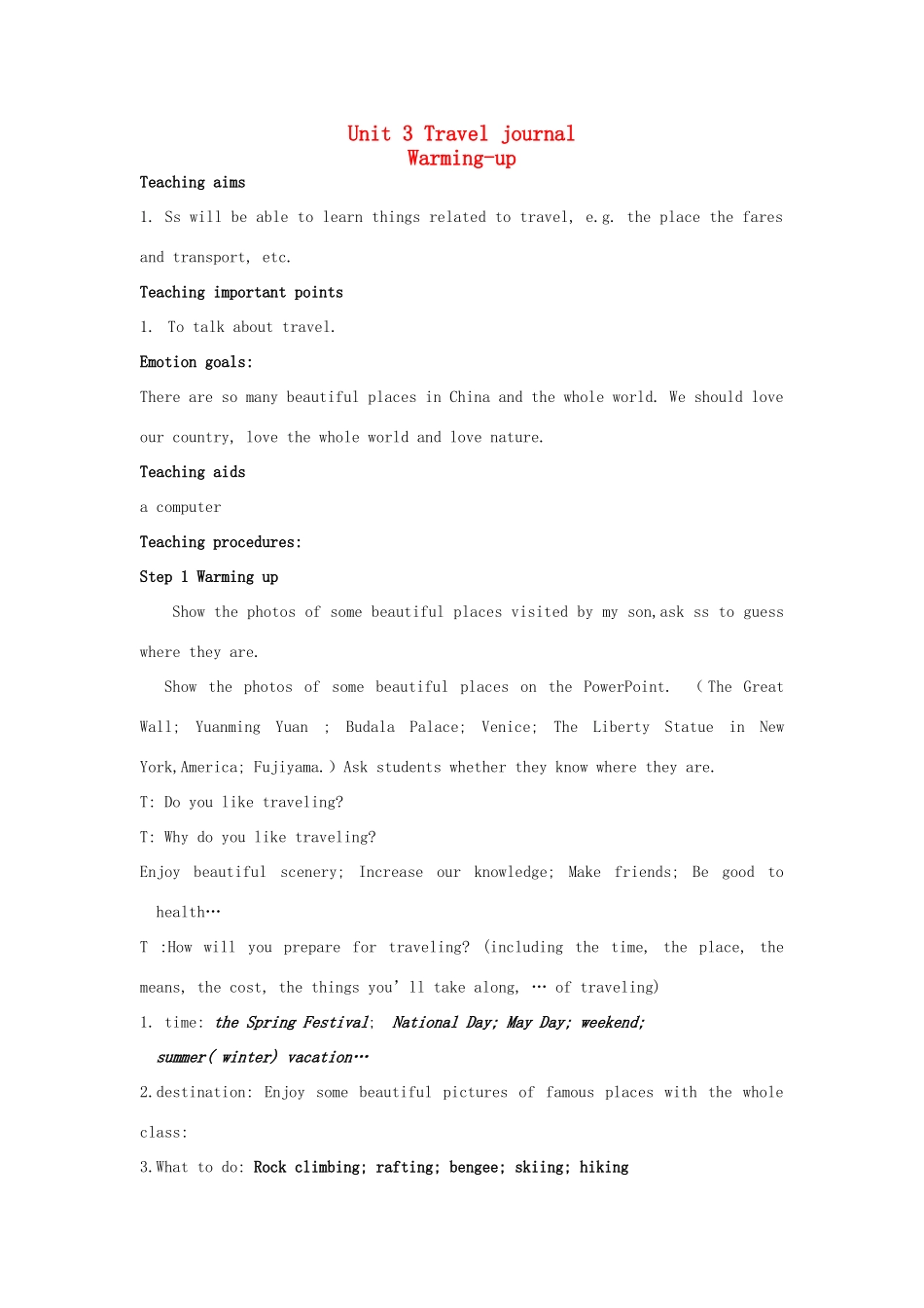 2012高中英语 Unit 3 Travel journal Warming Up Pre-reading and Reading教案 新人教版必修1_第1页