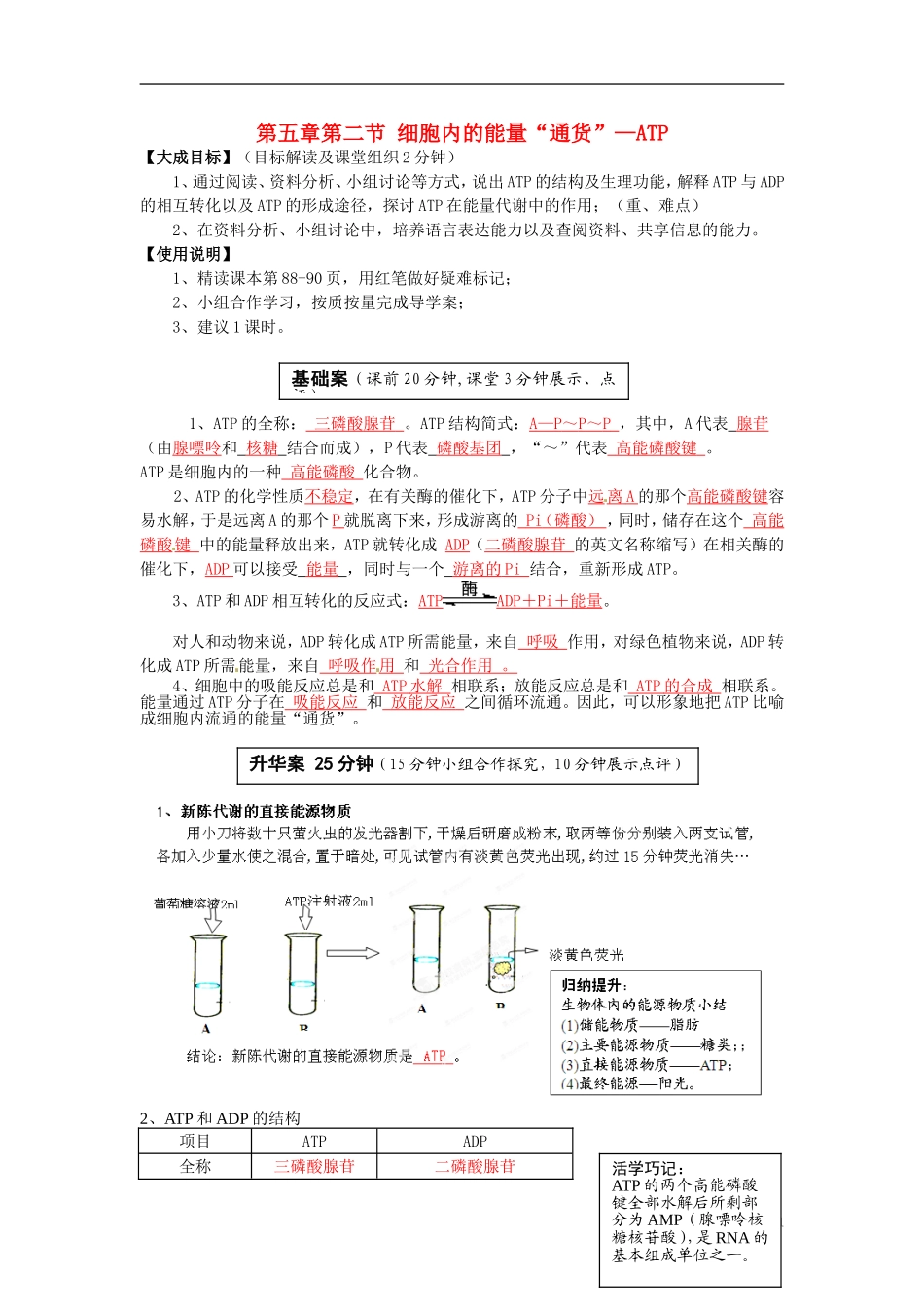 2013-2014高中生物 第五章第二节 细胞内的能量“通货”—ATP教学案 新人教版必修1_第1页