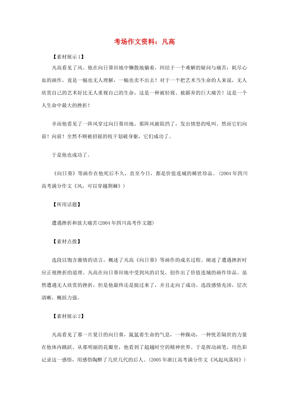 2012高考语文总复习 考场作文资料 凡高素材_第1页