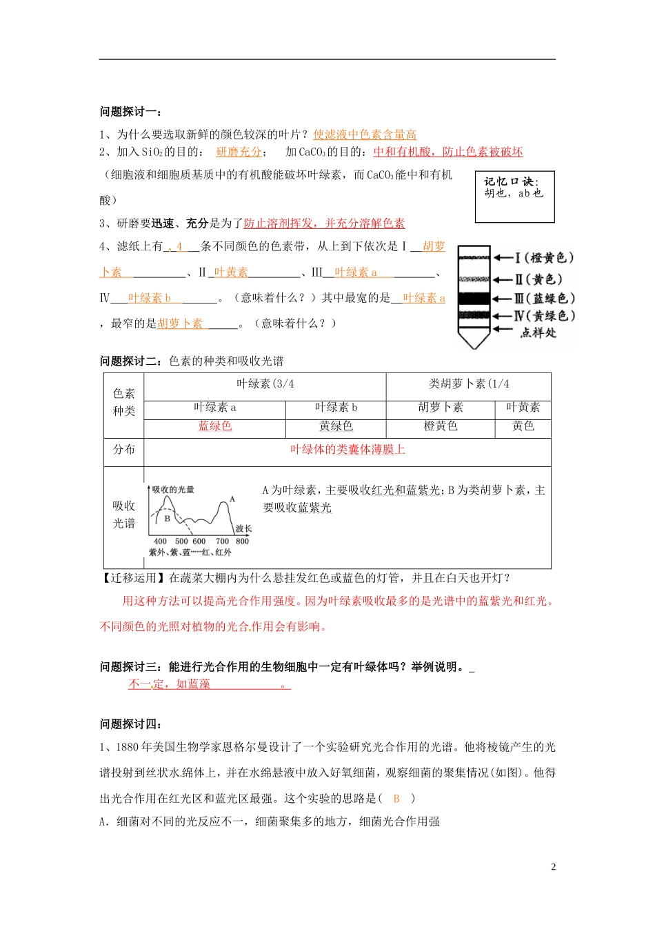 2013-2014高中生物 第五章第四节 捕获光能的色和结构教学案 新人教版必修1_第2页