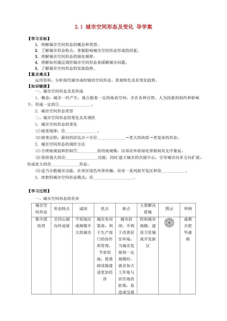 2013-2014学年高中地理 2.1 城市空间形态及变化导学案 新人教版选修4_第1页