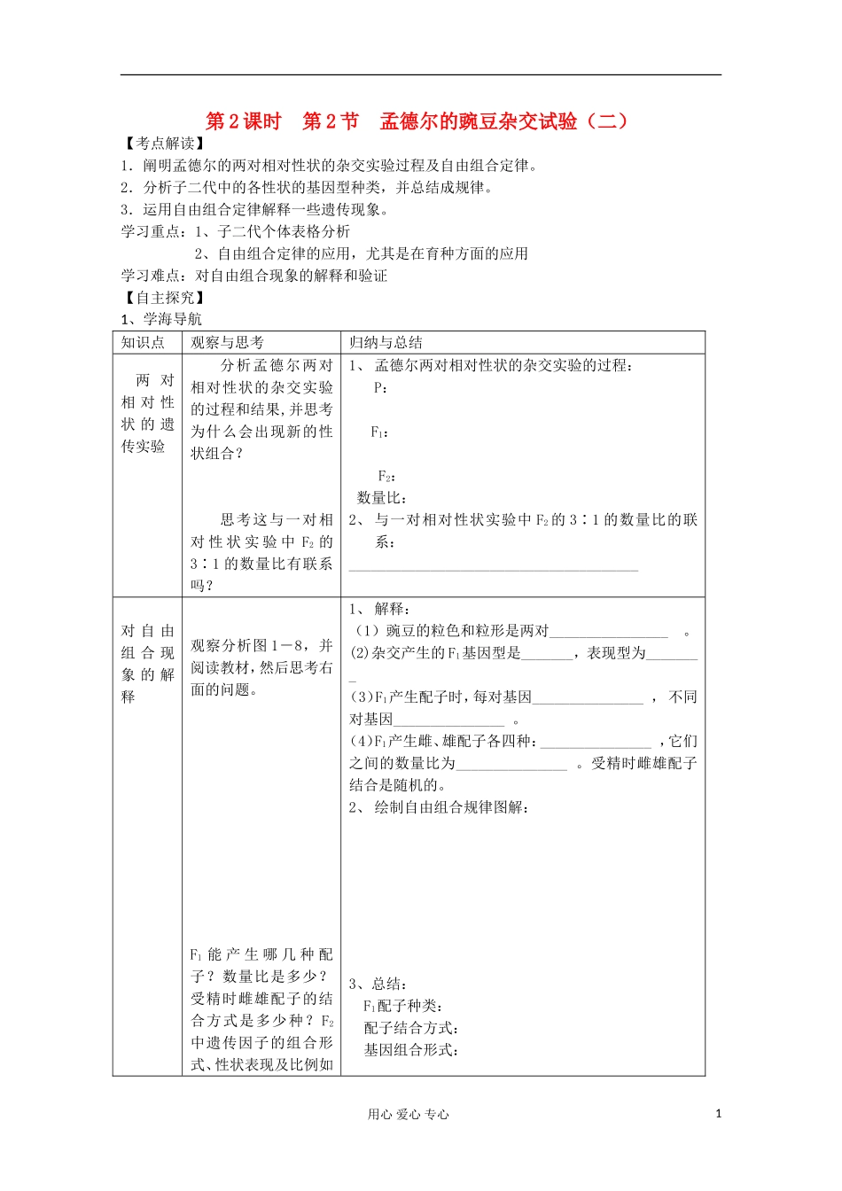 2012高考生物一轮复习 第2节 孟德尔的豌豆杂交试验学案（二）_第1页