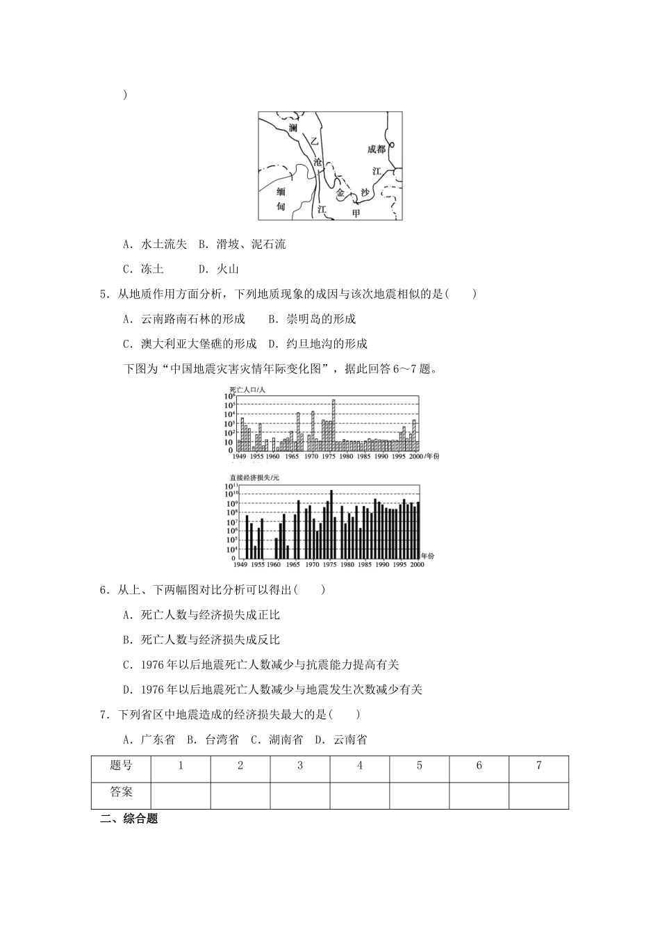 2013-2014学年高中地理 2.3 我国的地震、泥石流与滑坡同步测试 湘教版选修5_第2页